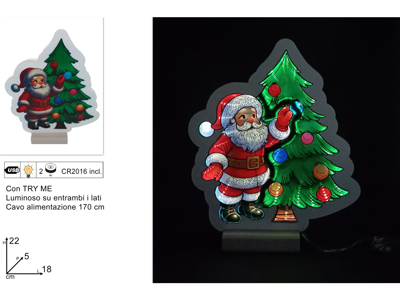 Babbo natale con albero luminoso 3d, 22cm