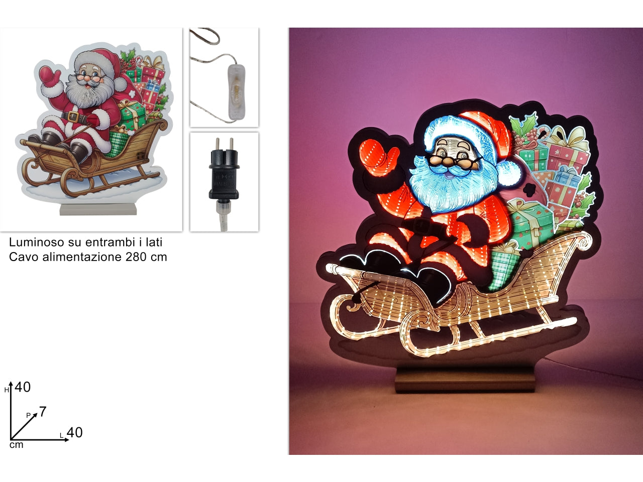 Babbo natale con slitta luminosa 3d, 40cm