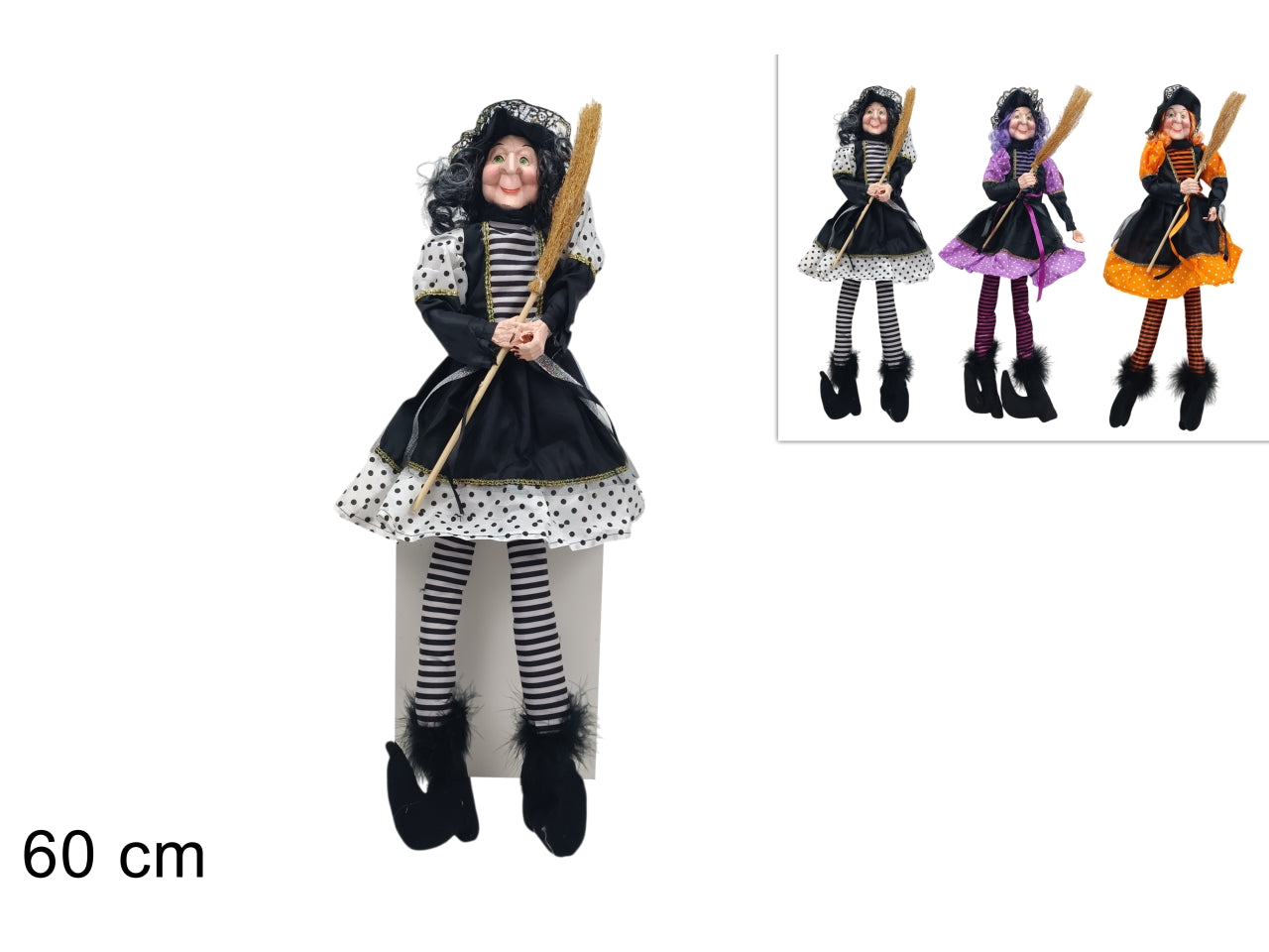 Befana 60cm seduta con vestito in tessuto a pois, 3 colori assortiti