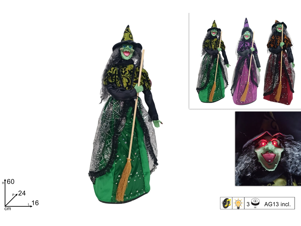 Befana 60cm con vestito a paillettes, luci e suoni, 3 colori assortiti