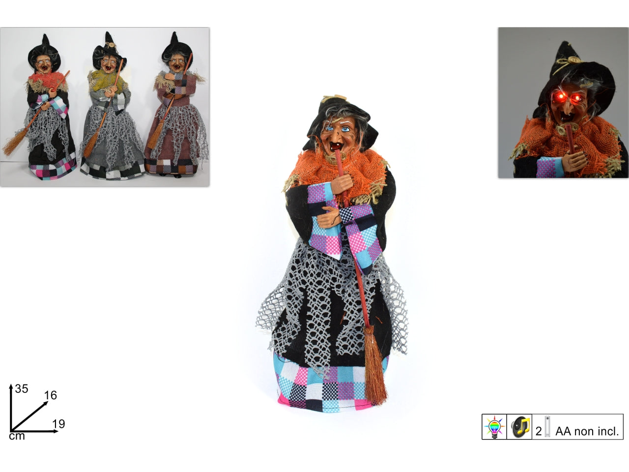 Befana 35cm con luci e suoni, soggetti assortiti
