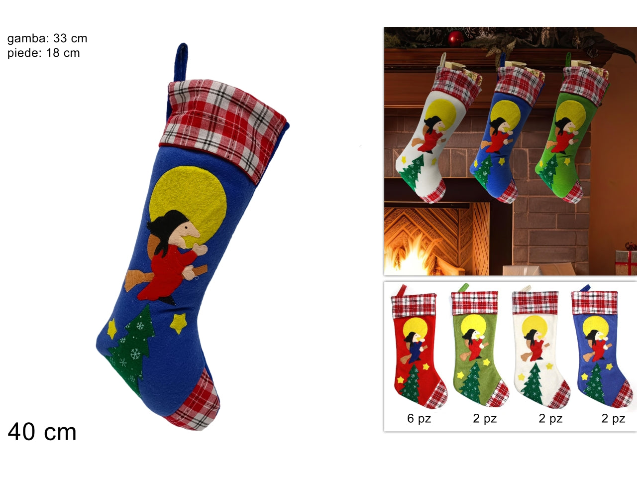 Calza della befana con tessuto scozzese 40cm, 4 colori assortiti