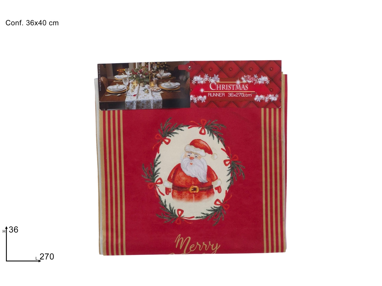Runner natalizio 36x270cm in effetto velluto rosso con Babbo Natale