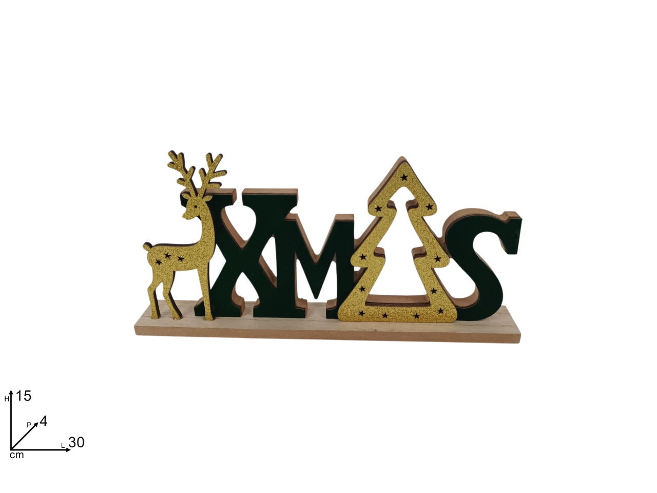 Decorazione natalizia in legno con scritta Xmas verde e oro