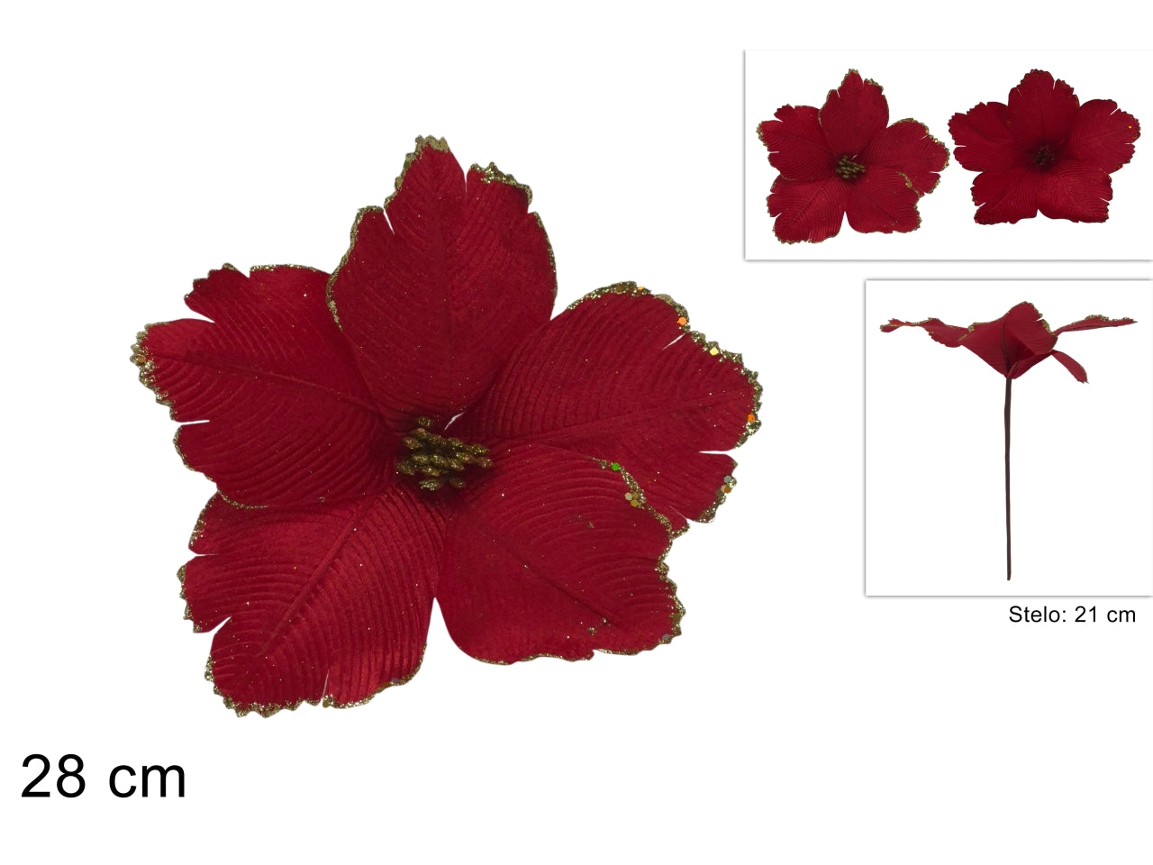Ramo fiore da 28cm in velluto rosso con glitter, 2 colori