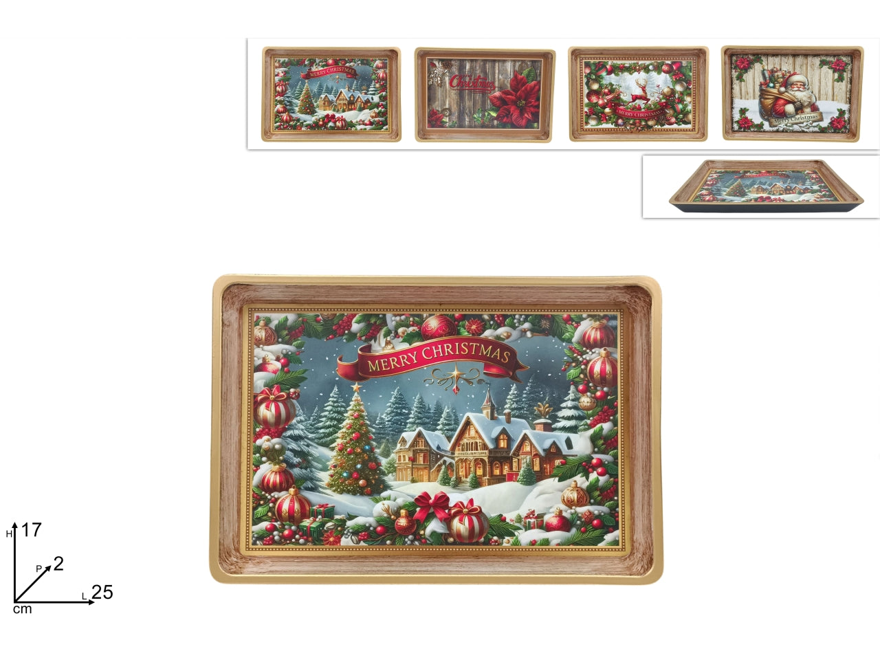 Vassoio natalizio in plastica 25x17cm con effetto legno, decori assortiti