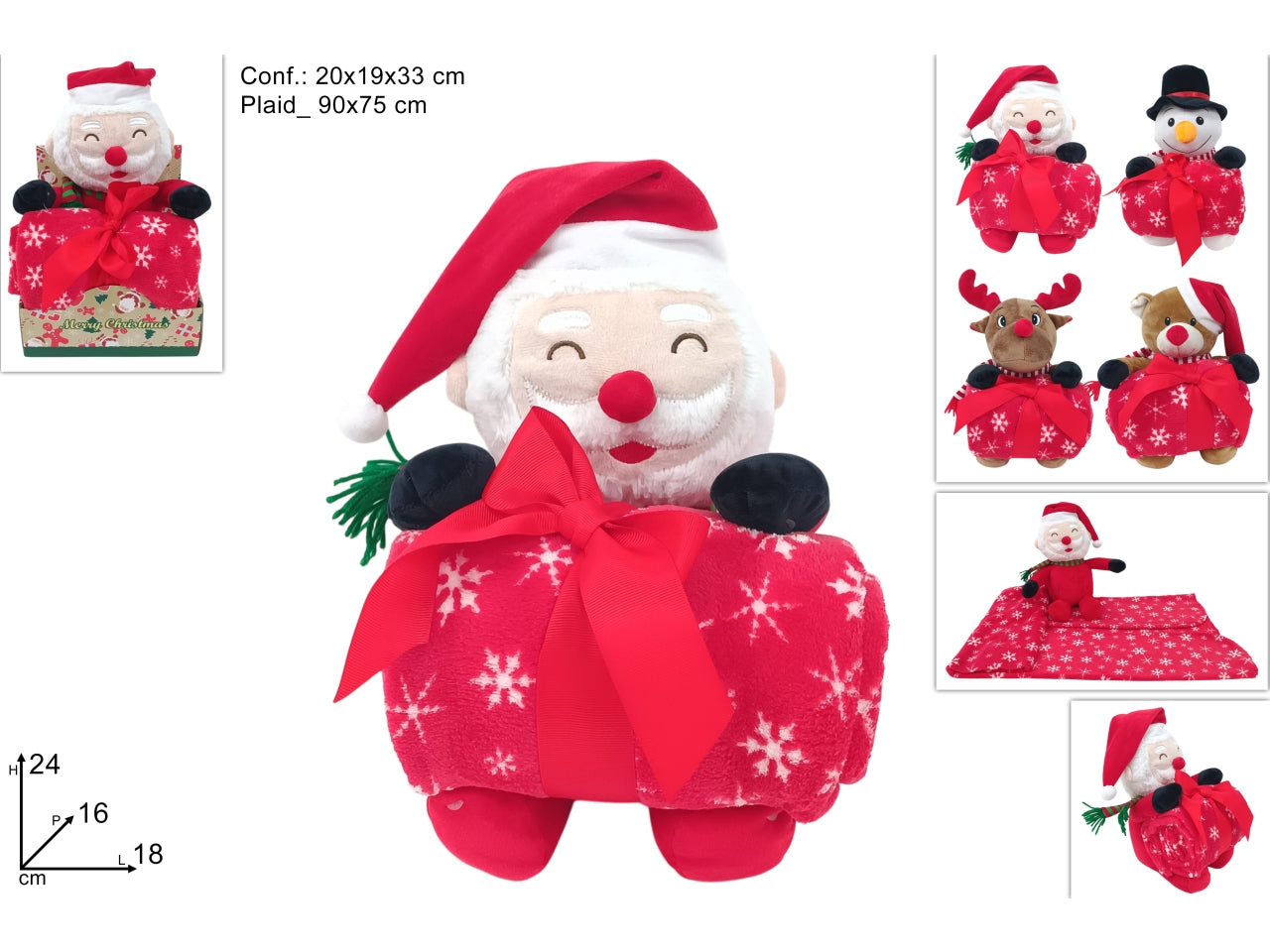 Plaid natalizio 90x75cm con peluche da 24cm, 4 assortimenti