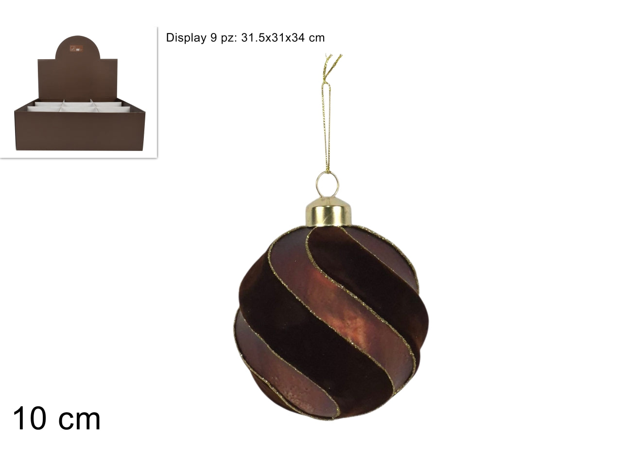 Palla vetro 10 cm in velluto\opaco marrone c\glitter in display