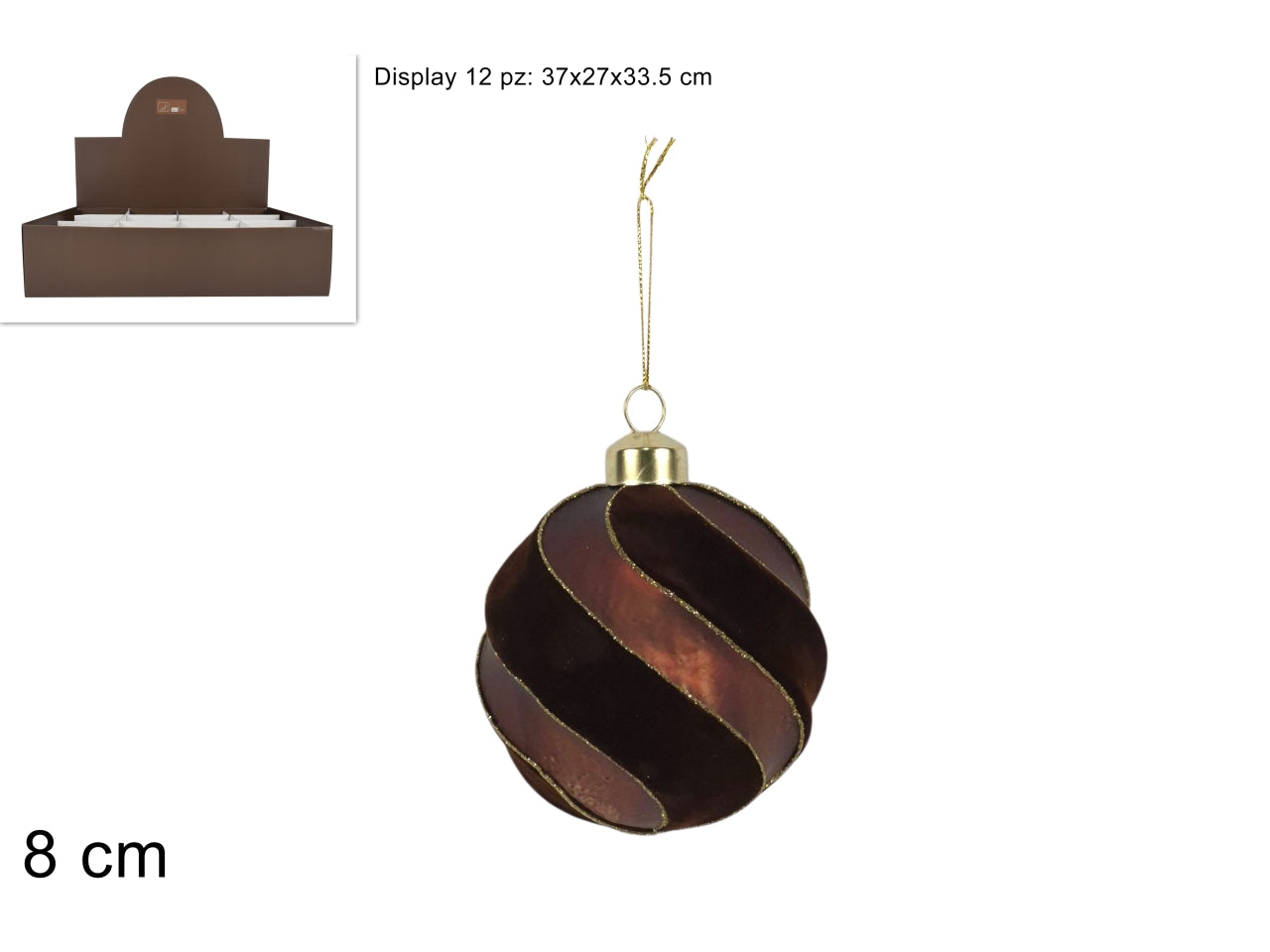 Palla vetro 8 cm in velluto\opaco marrone c\glitter in display