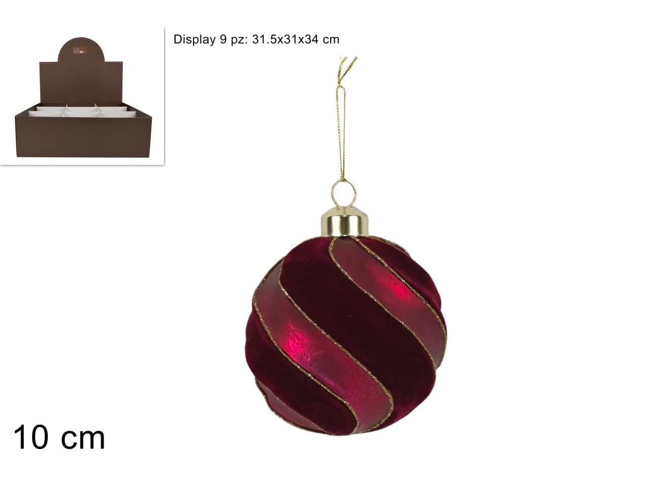 Palla vetro 10 cm in velluto\opaco bordeaux c\glitter in display