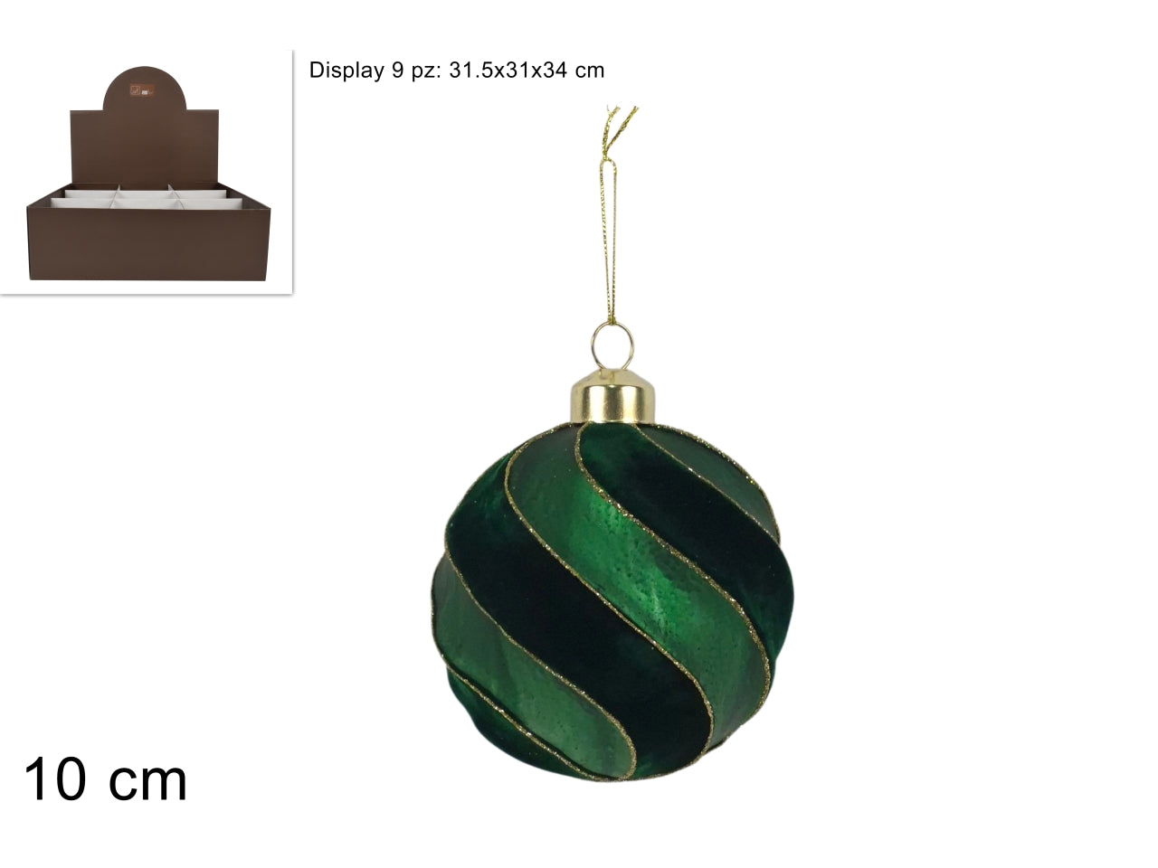 Palla vetro 10 cm in velluto\opaco verde c\glitter in display