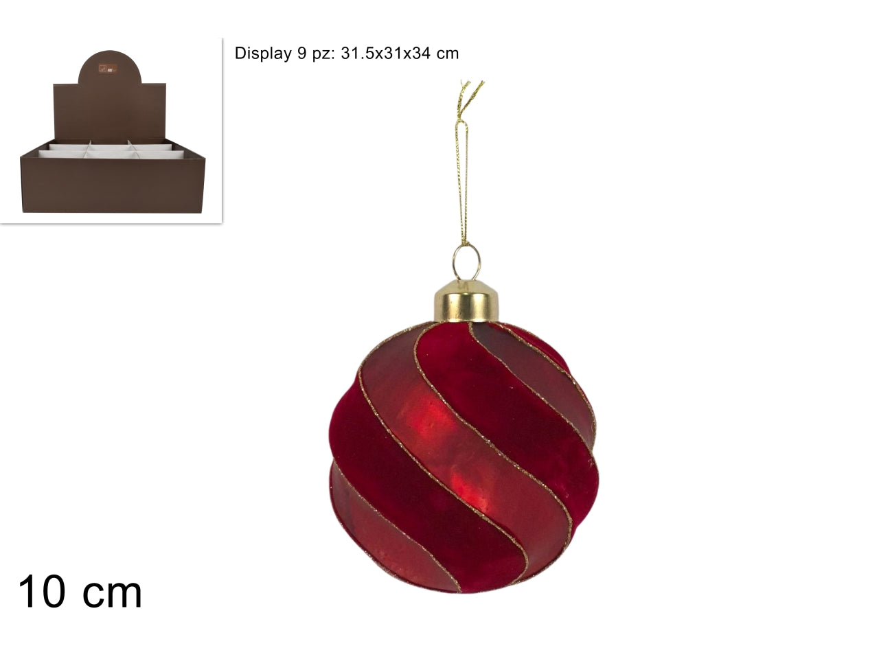 Palla vetro 10 cm in velluto\opaco rosso c\glitter in display