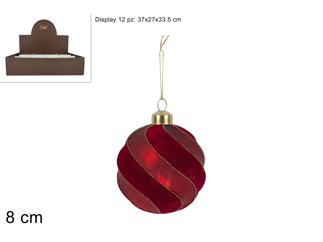 Palla vetro 8 cm in velluto\opaco rosso c\glitter in display