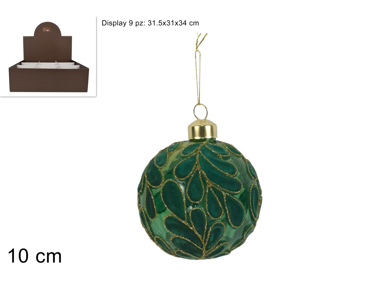 Palla vetro 10cm fantas foglie in velluto verde petr. c\glitter in disp.