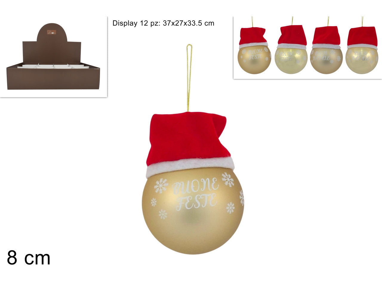 Palla vetro 8 cm oro c\cappello 4 ass in display