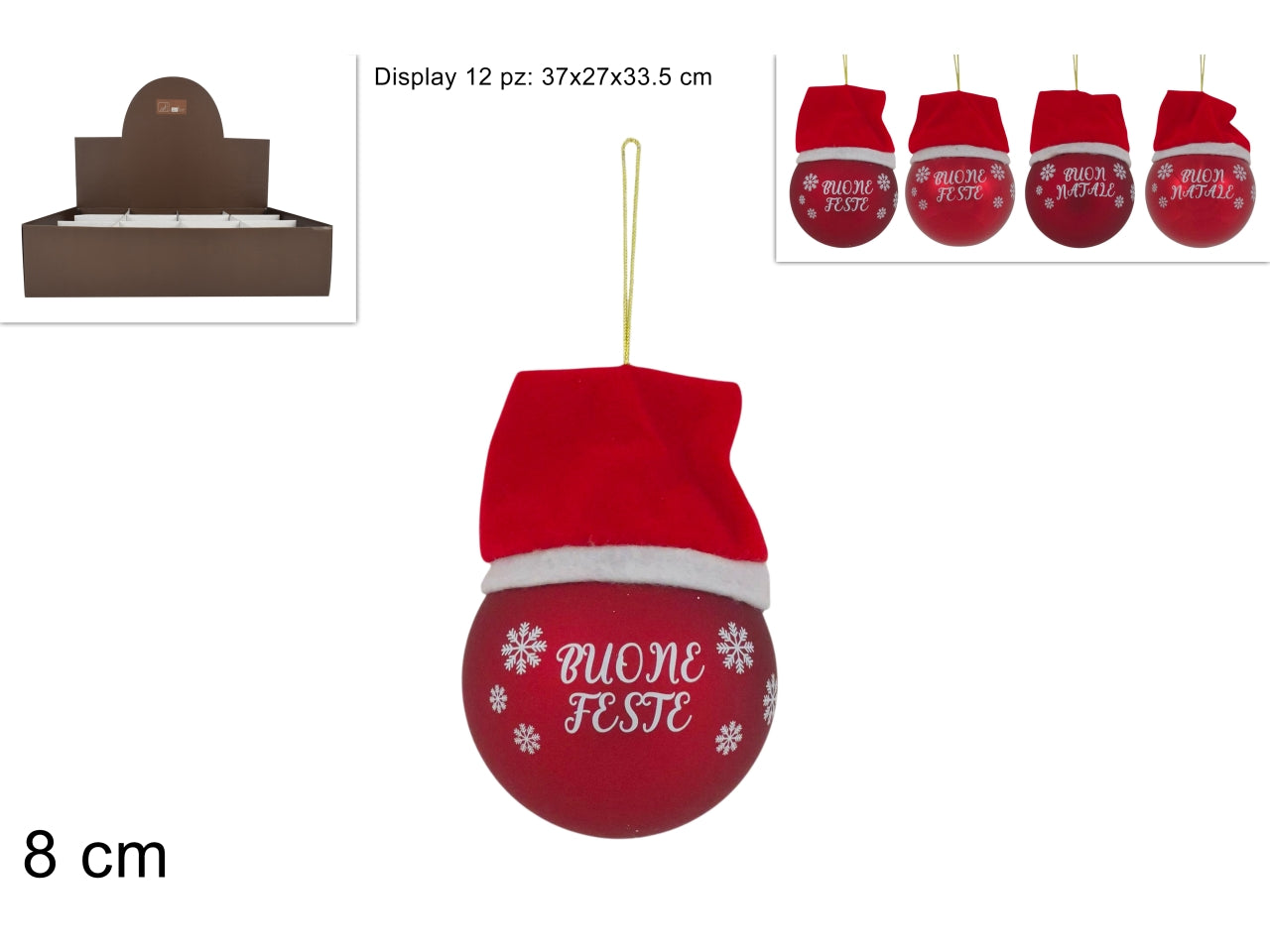 Palla vetro 8 cm rossa c\cappello 4 ass in display