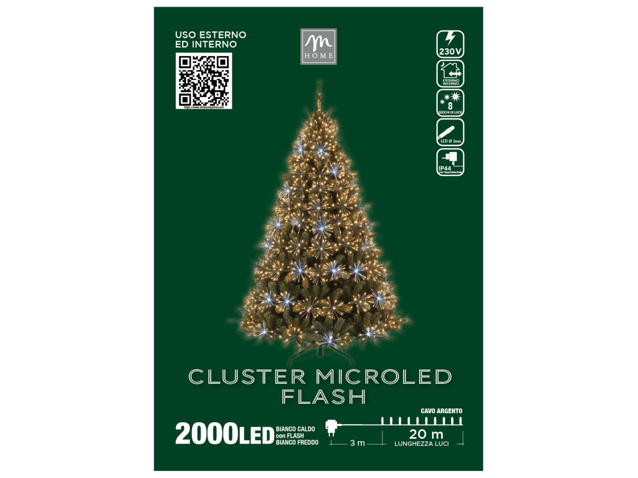 Catena luci Petardo con 2000 microcluster bianco caldo con flash bianco freddo su filo argento 31v 7,2w l.20mt, uso interno/esterno
