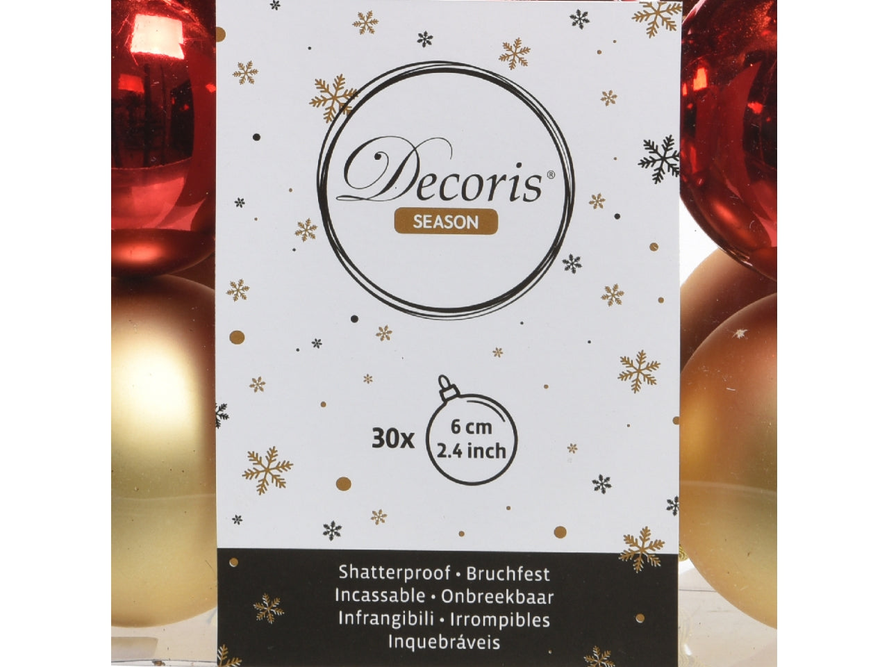 Palla di Natale 6cm in confezione da 30 pezzi oro e rosso lucida, opaco, glitterata