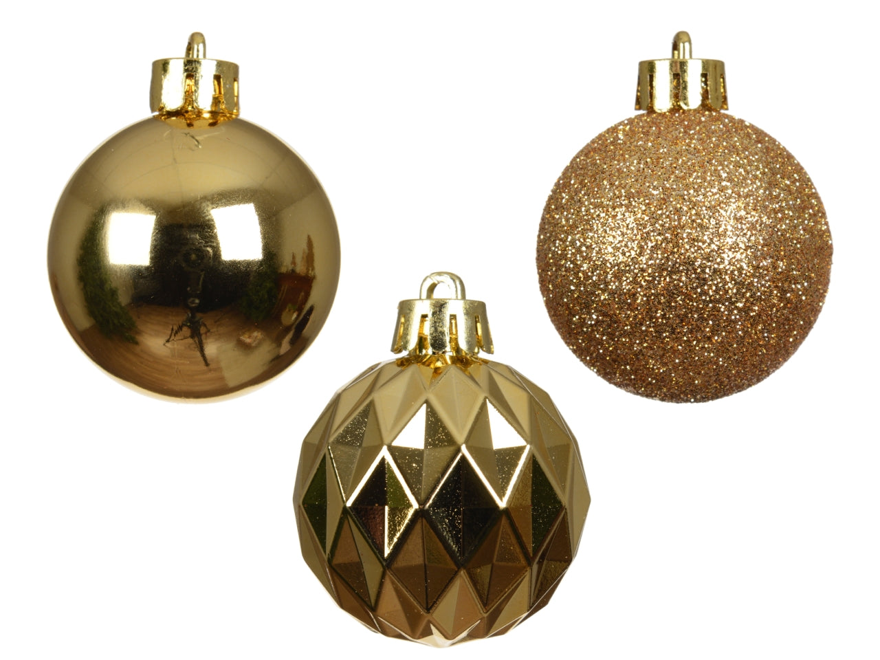Palla di Natale 4cm in confezione da 18 pezzi oro chiaro lucida, opaco, glitterata