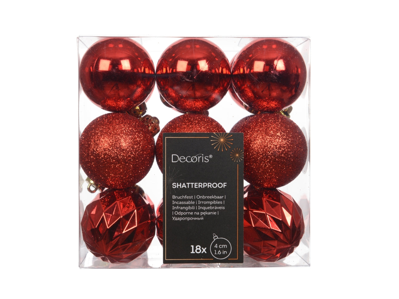 Palla di Natale 4cm in confezione da 18 pezzi rosso lucida, opaco, glitterata