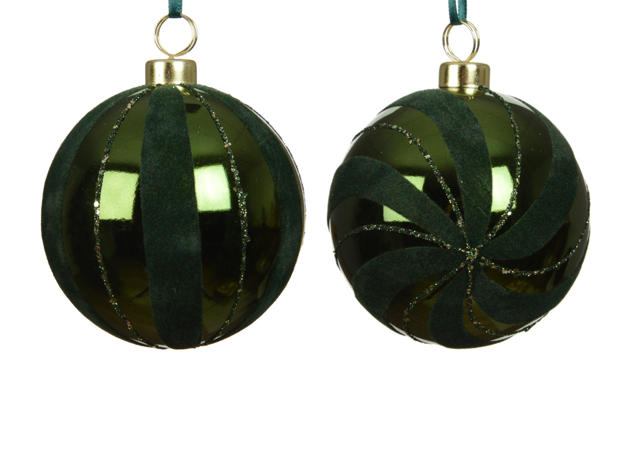 Palla di Natale 8cm verde lucida, floccata in 2 assortimenti