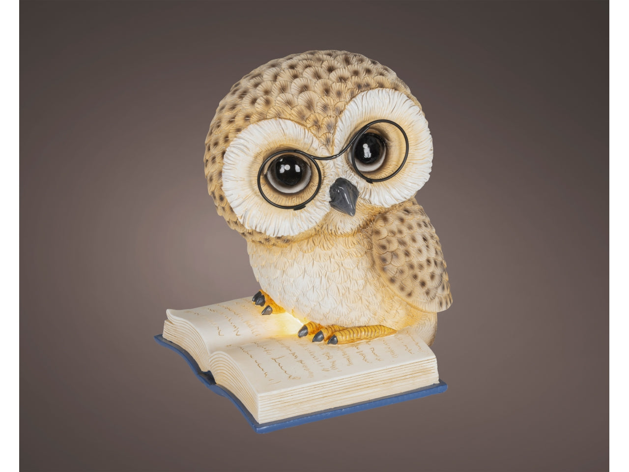 Gufo decorativo 24,5cm con libro con luce a batteria