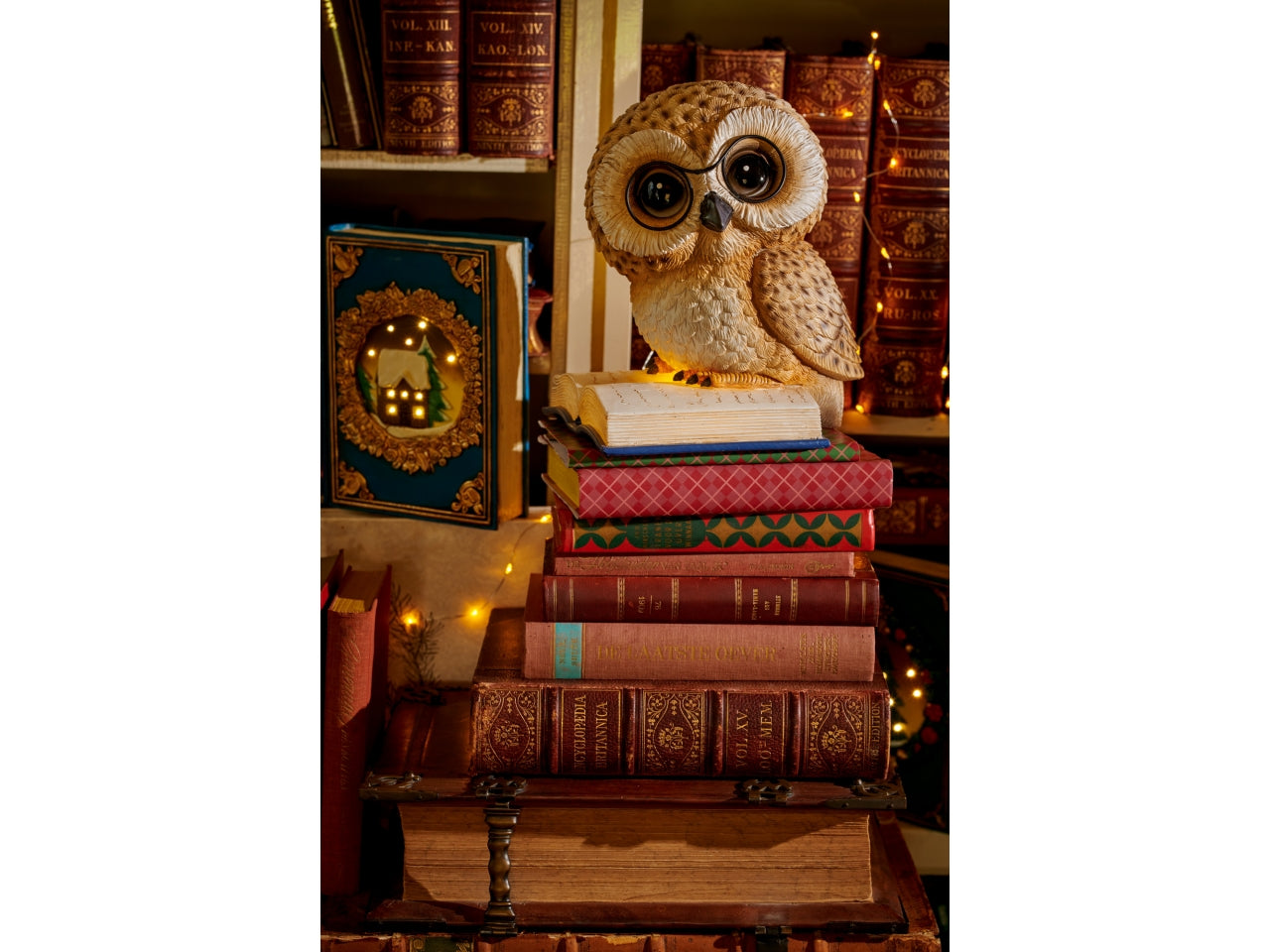 Gufo decorativo 24,5cm con libro con luce a batteria