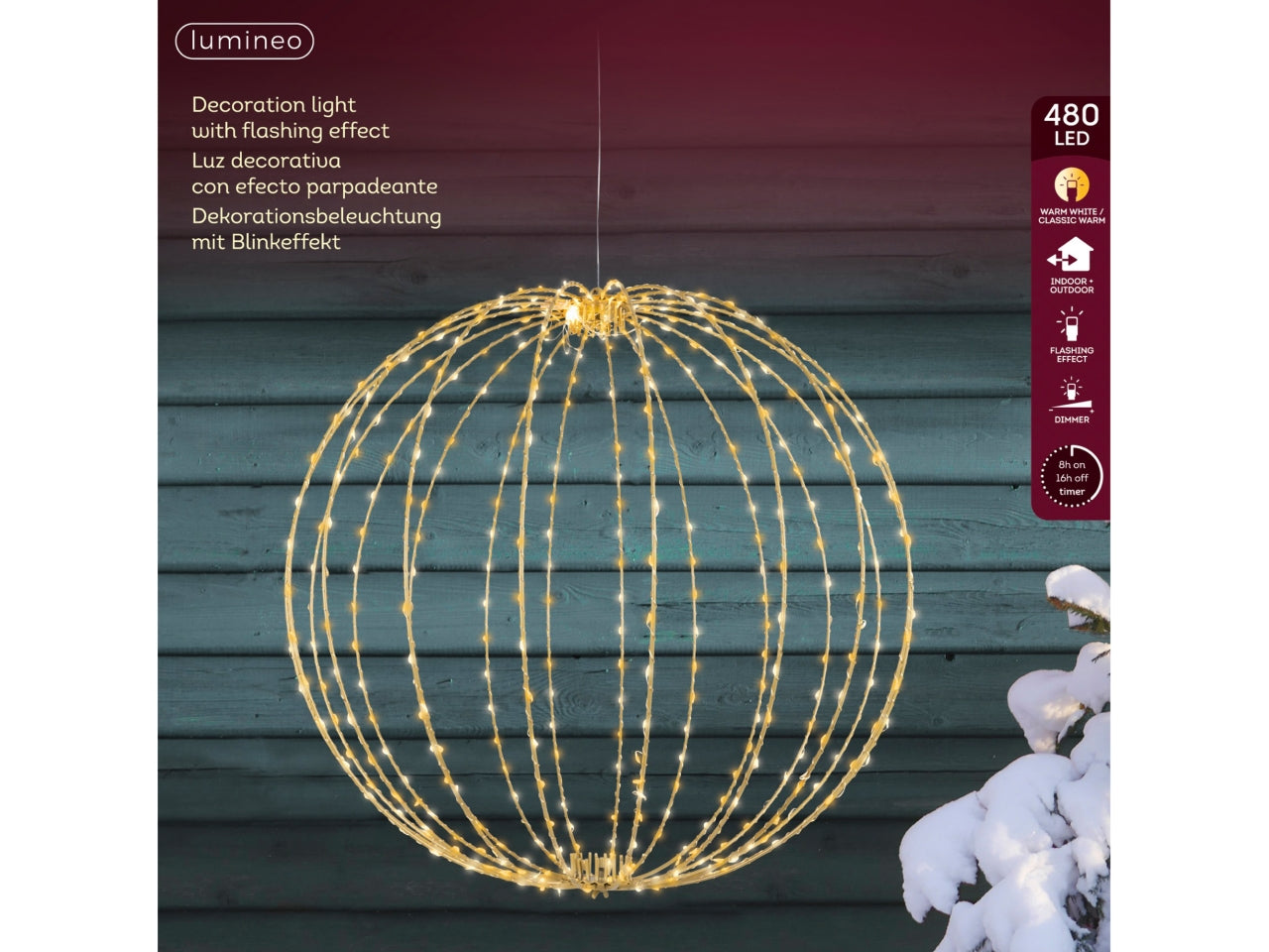 Palla luminosa in metallo 58cm con 480 led bianco caldo e flash per uso esterno