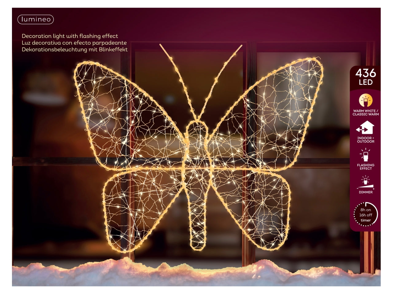 Farfalla luminosa 58x43cm con 436 led bianco caldo e flash per uso esterno