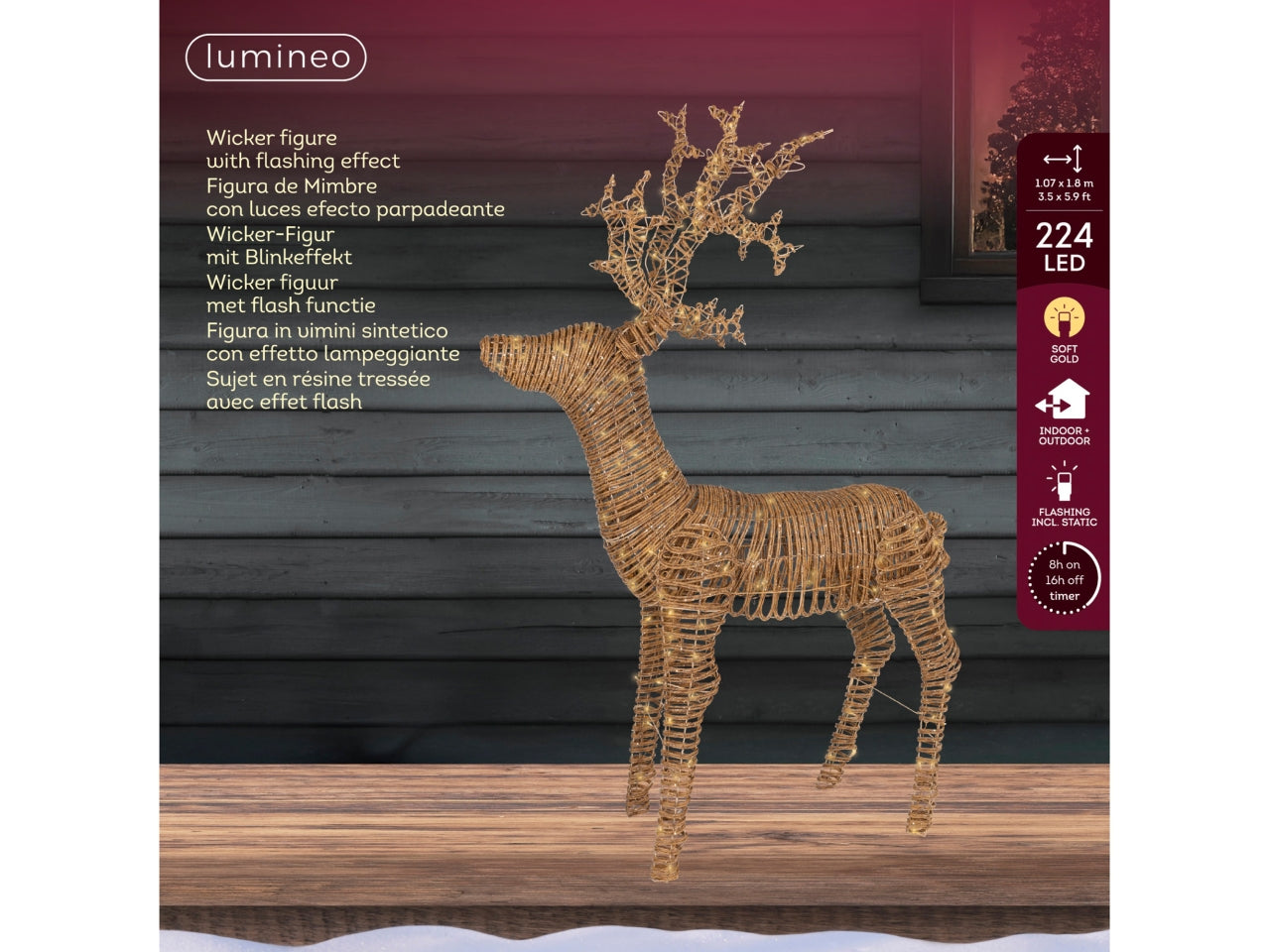 Renna luminosa maxi 107x180cm con 224 led oro soft e flash per uso esterno