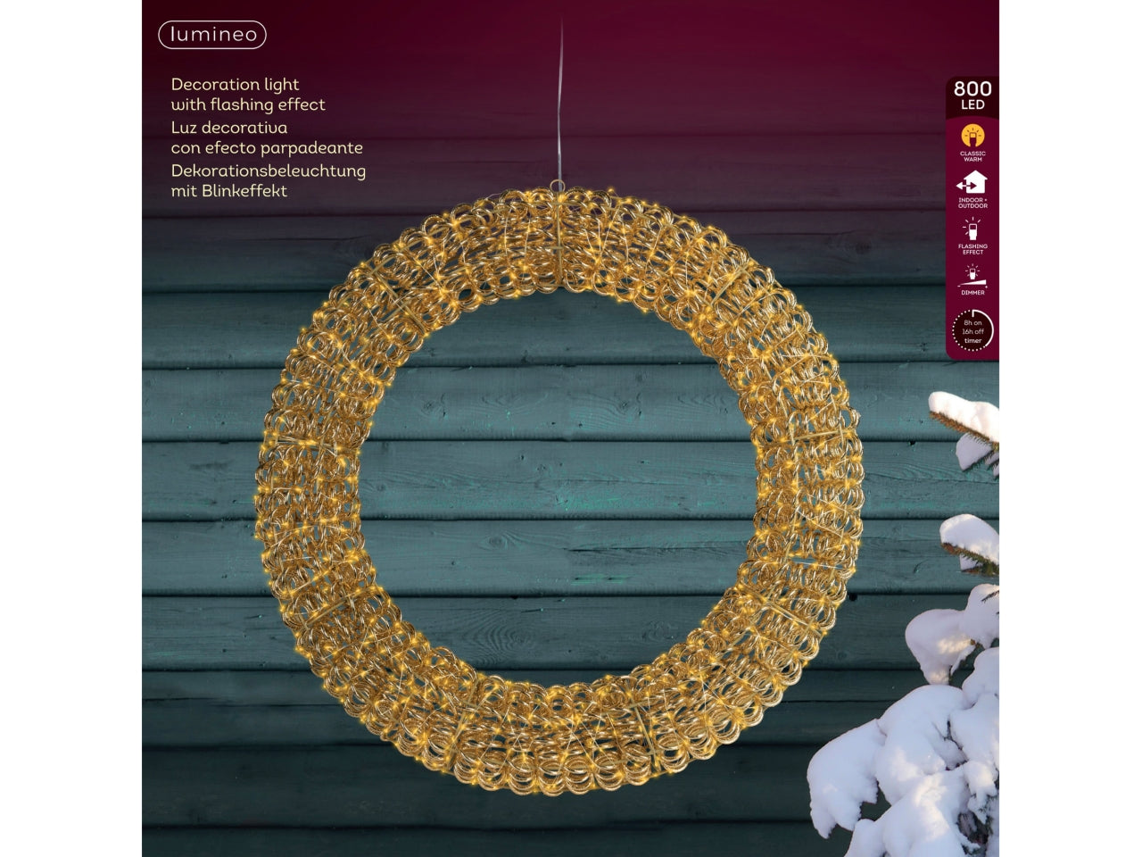 Corona luminosa maxi 78cm con 800 led bianco classico e flash per uso esterno