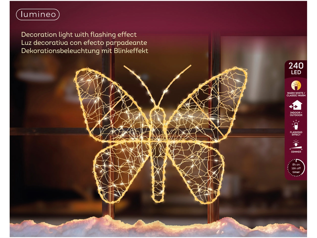 Farfalla luminosa 28x23cm con 240 led bianco caldo e flash per uso esterno