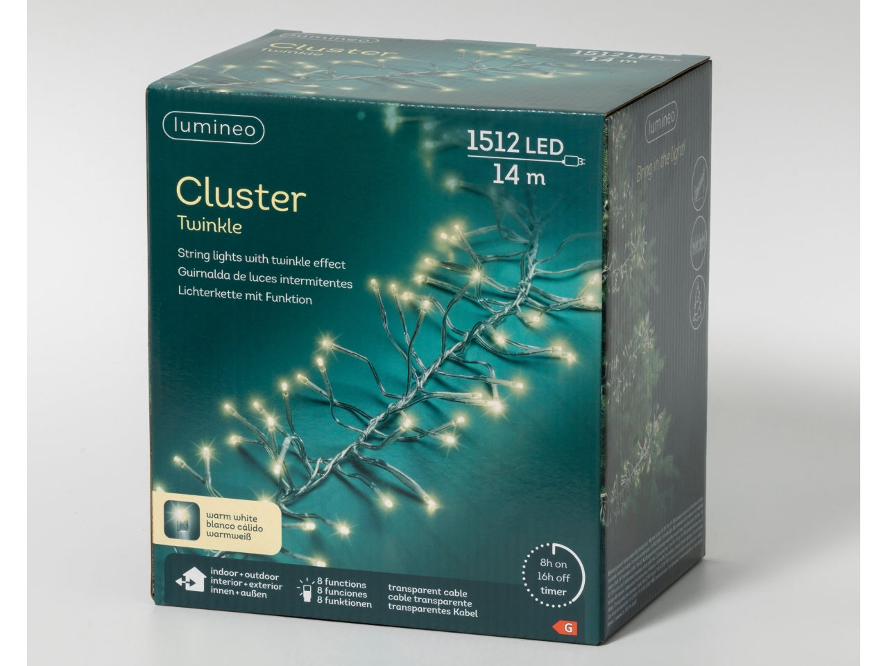 Catena di luci con 1512 cluster bianco caldo a 8 funzioni, filo trasparente per uso interno/esterno