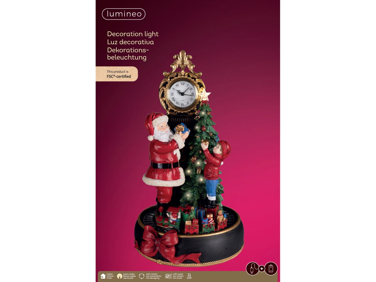 Orologio decorativo 48,5cm con babbo natale e bambino a batteria