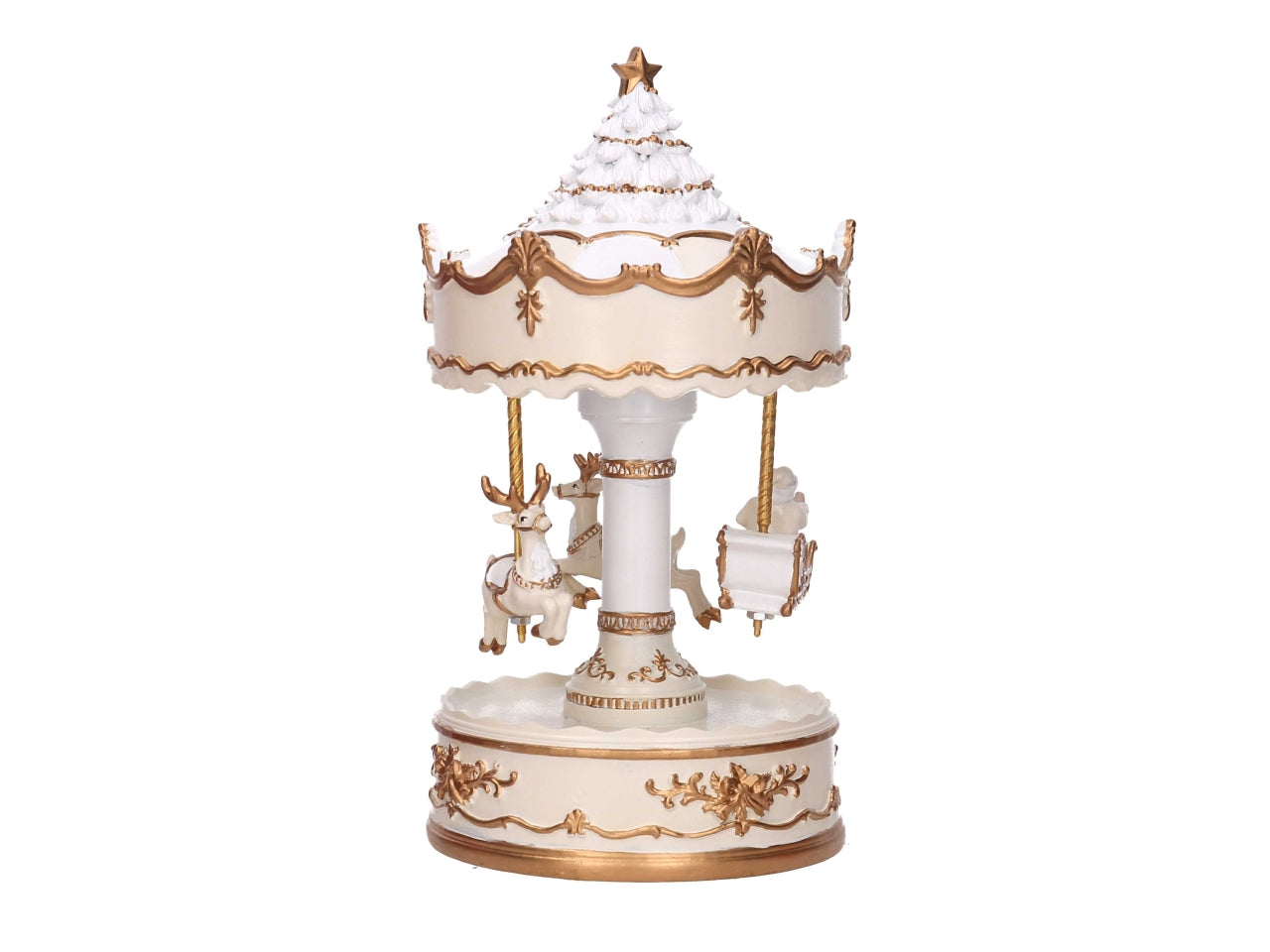 Giostrina carillon in resina con renne bianco e oro 11,5xh.21,5cm