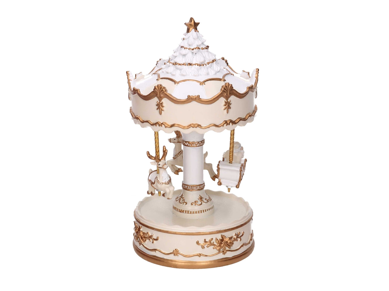 Giostrina carillon in resina con renne bianco e oro 11,5xh.21,5cm