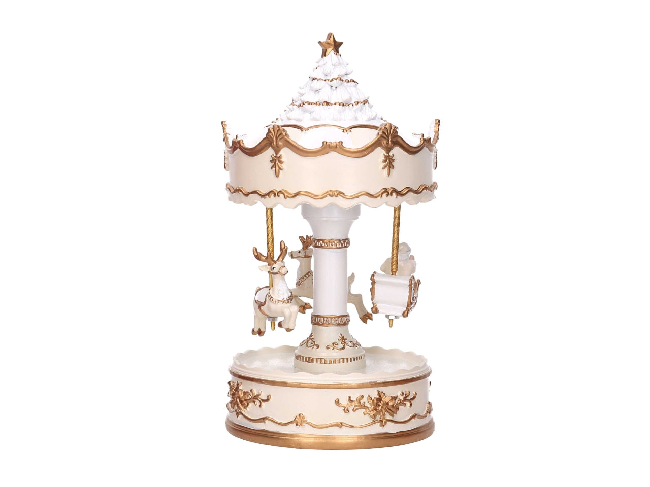 Giostrina carillon in resina con renne bianco e oro 11,5xh.21,5cm