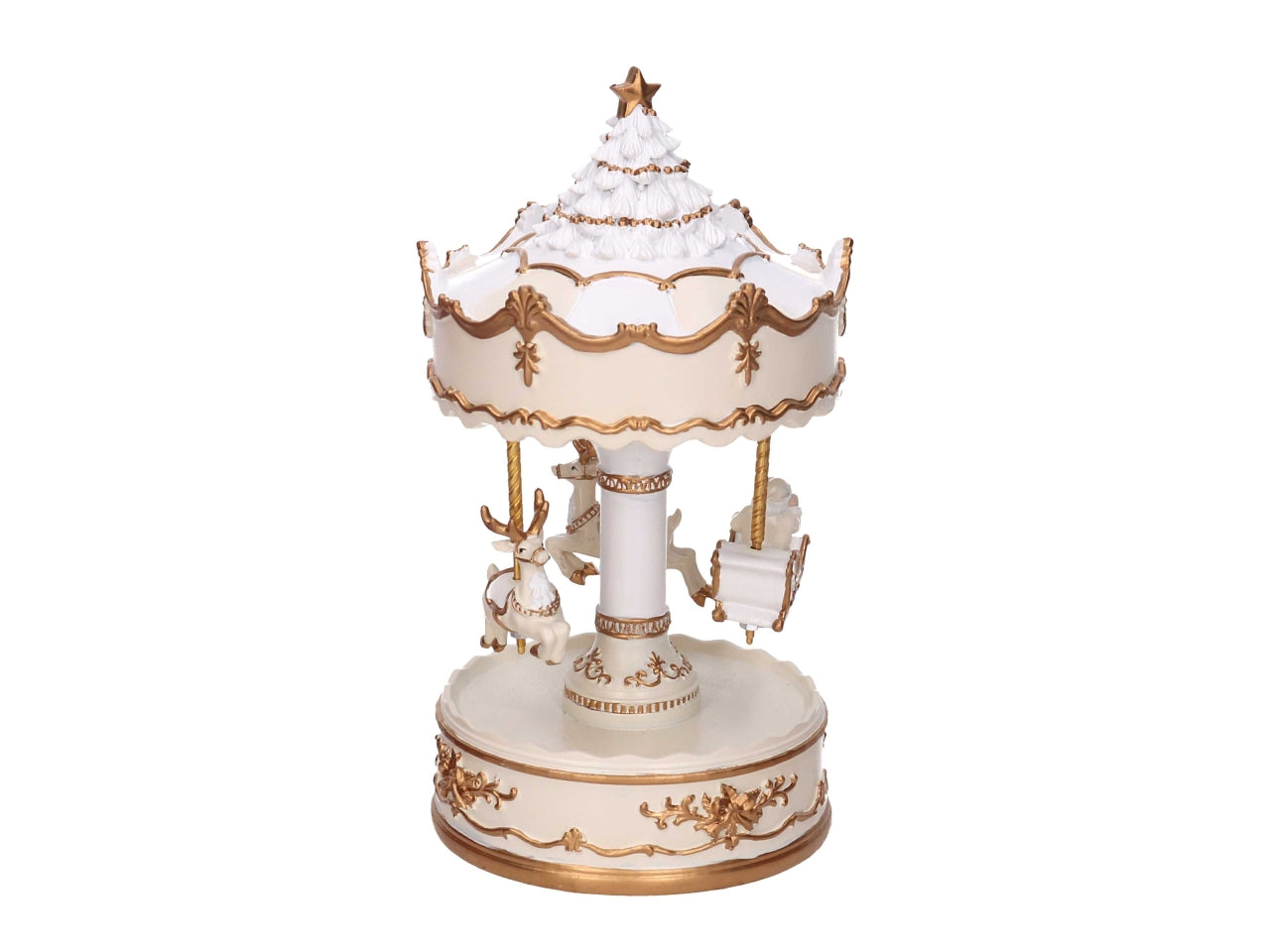 Giostrina carillon in resina con renne bianco e oro 11,5xh.21,5cm