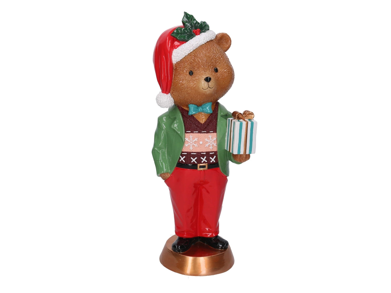 Orso in resina con pacco regalo oro h.47,5cm