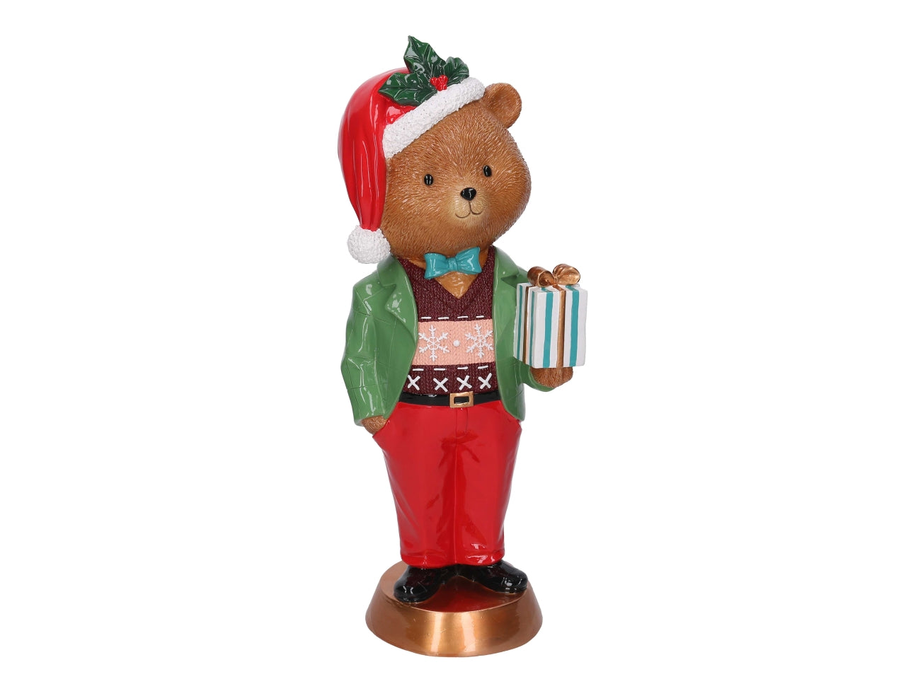 Orso in resina con pacco regalo oro h.47,5cm