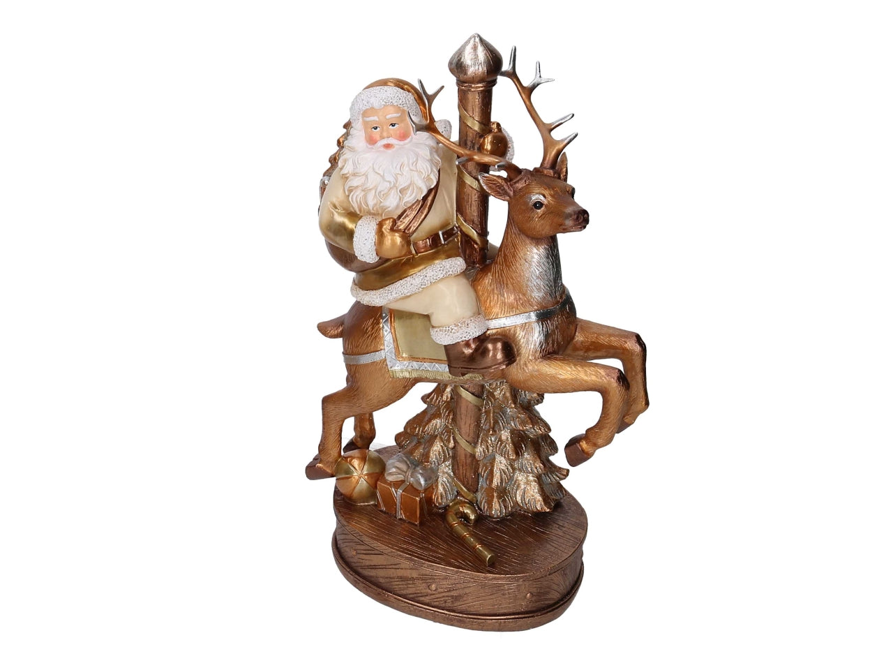Babbo Natale in resina con renna bianco e oro 19,5x12xh.33,5cm