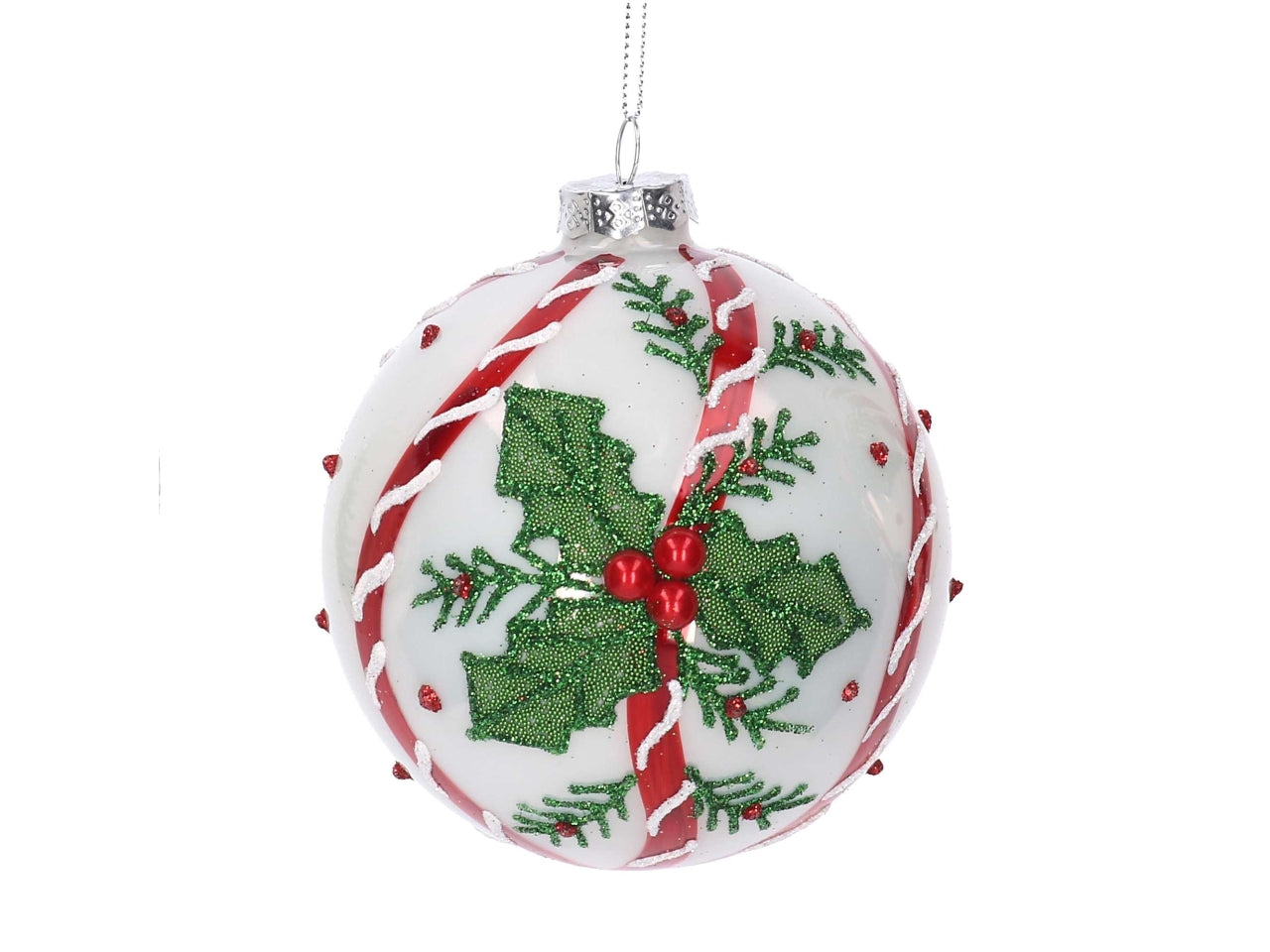 Palla in vetro con pungitopo bianco 8cm