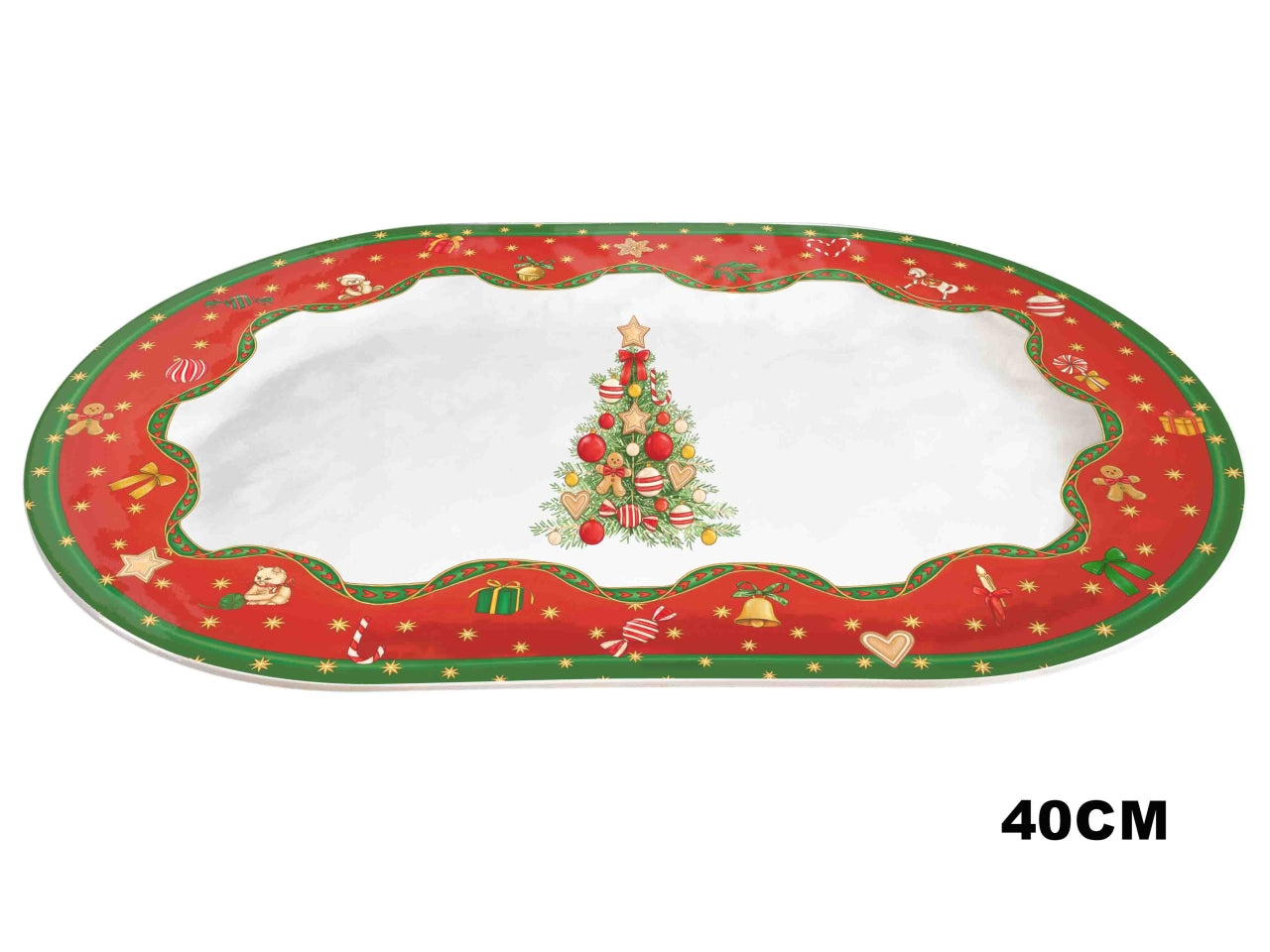 Vassoio ovale piano in melamina 40x26cm decoro fascia natalizia e albero di Natale