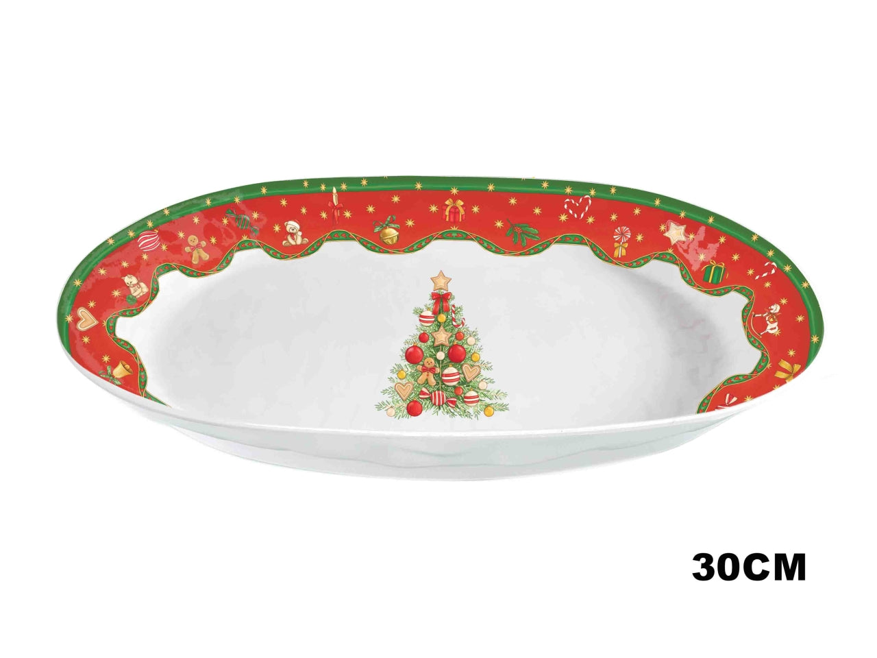 Vassoio ovale fondo in melamina 30x20cm decoro fascia natalizia e albero di Natale