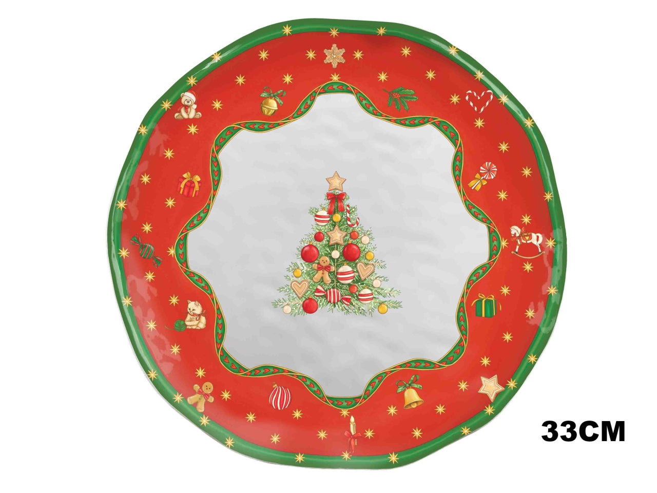 Piatto panettone in melamina 33cm decoro fascia natalizia e albero di Natale