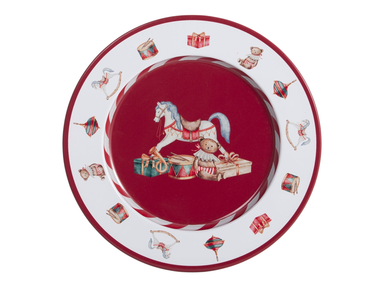 Piatto in metallo 33cm con decoro cavallo a dondolo rosso