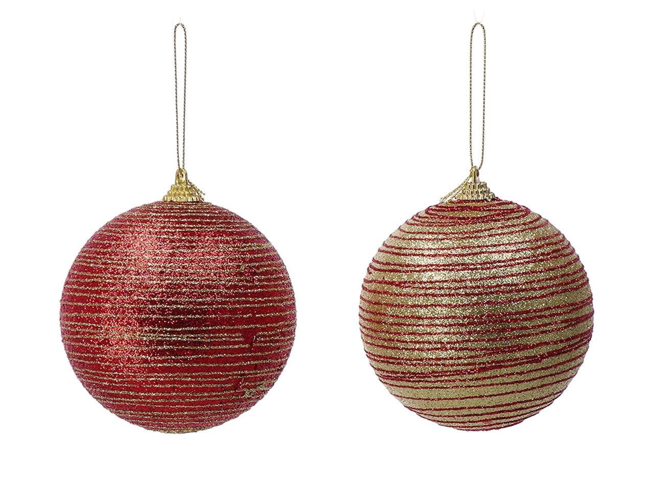 Pallina di Natale 10cm a righe oro e rosso, 2 assortimenti