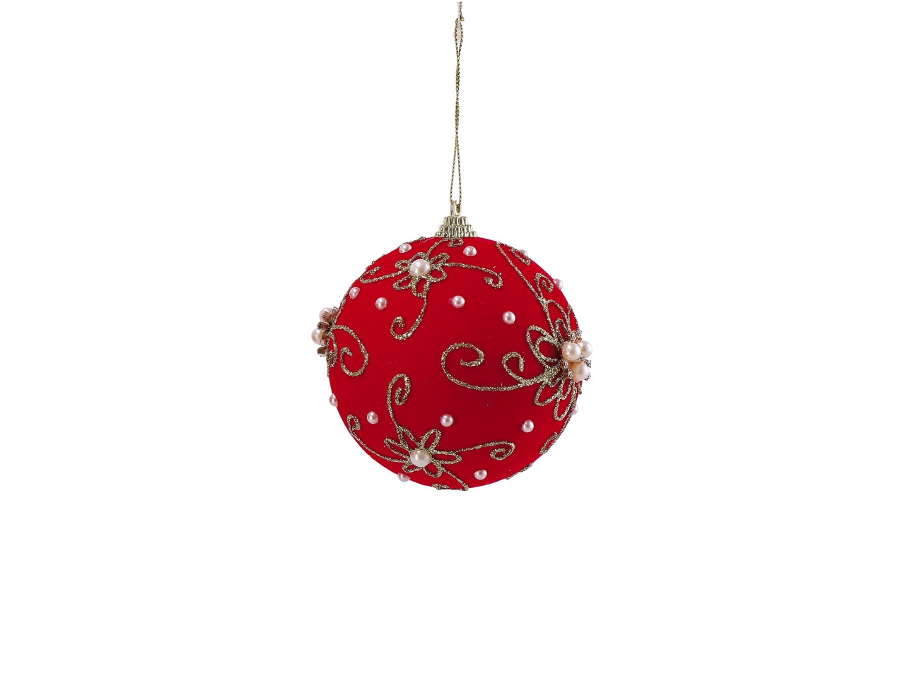 Pallina in polistirolo con perline rossa 10cm, 2 modelli assortiti