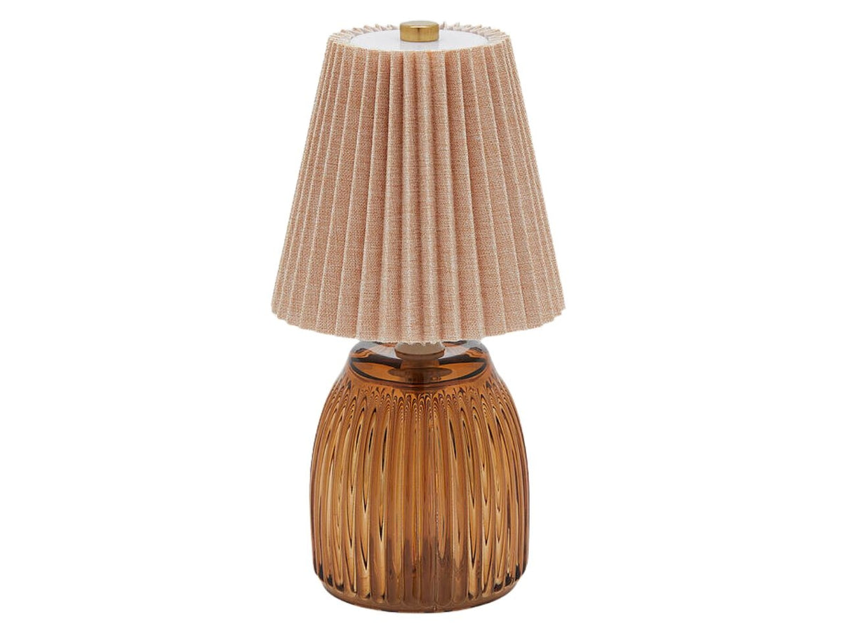 Lampada da tavolo plisse' in vetro e tessuto nocciola d.11,5cmxh.22cm, con cavo USB