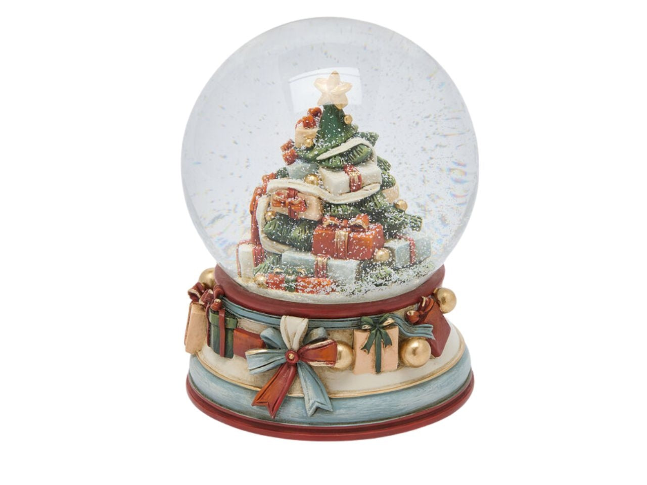 Palla di neve 12xh.16,5cm con pacchi regalo in poliresina e carillon